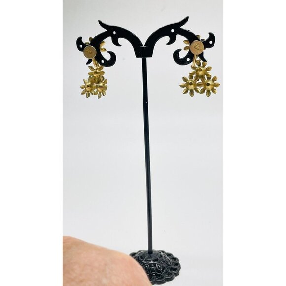 CHARM Floral Dangle Earrings Screw Back Gold Tone Rhinestones Simulated Pearl - Picture 9 of 11